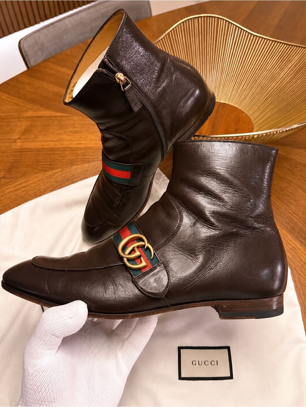 Gucci Brown Leather Men’s Ankle Chukka Boots with Green-Red Web & Gold Double G. - Picture 1 of 9